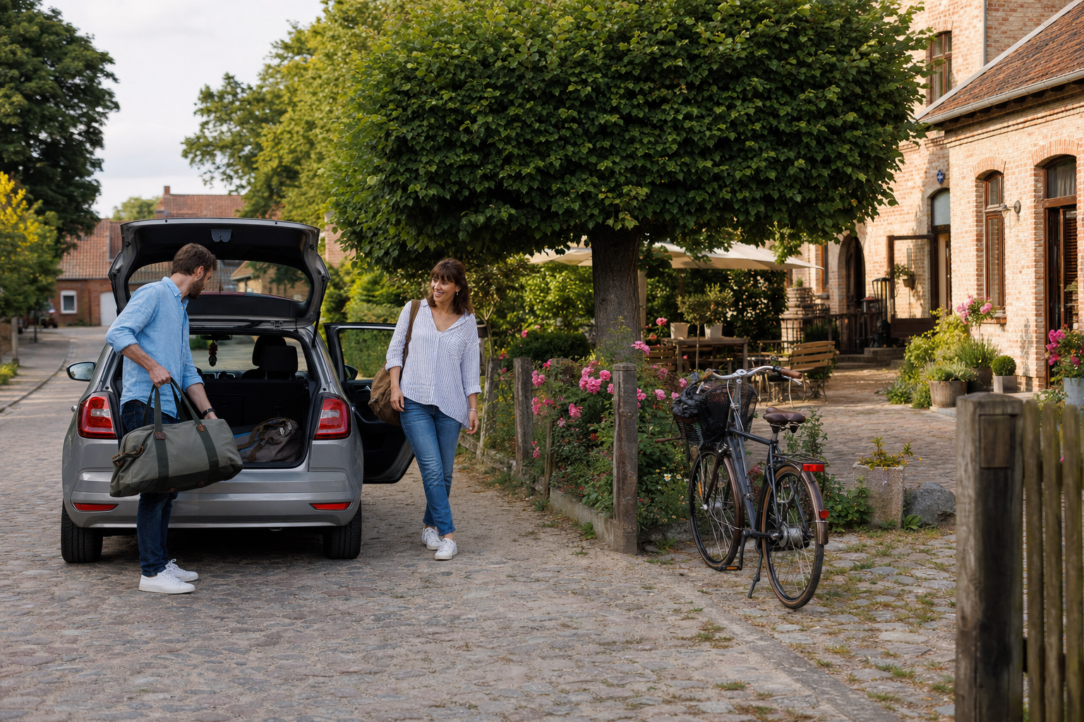 Ankunft an einer ländlichen Unterkunft in der Uckermark mit Fahrrädern und Wochenendgepäck
