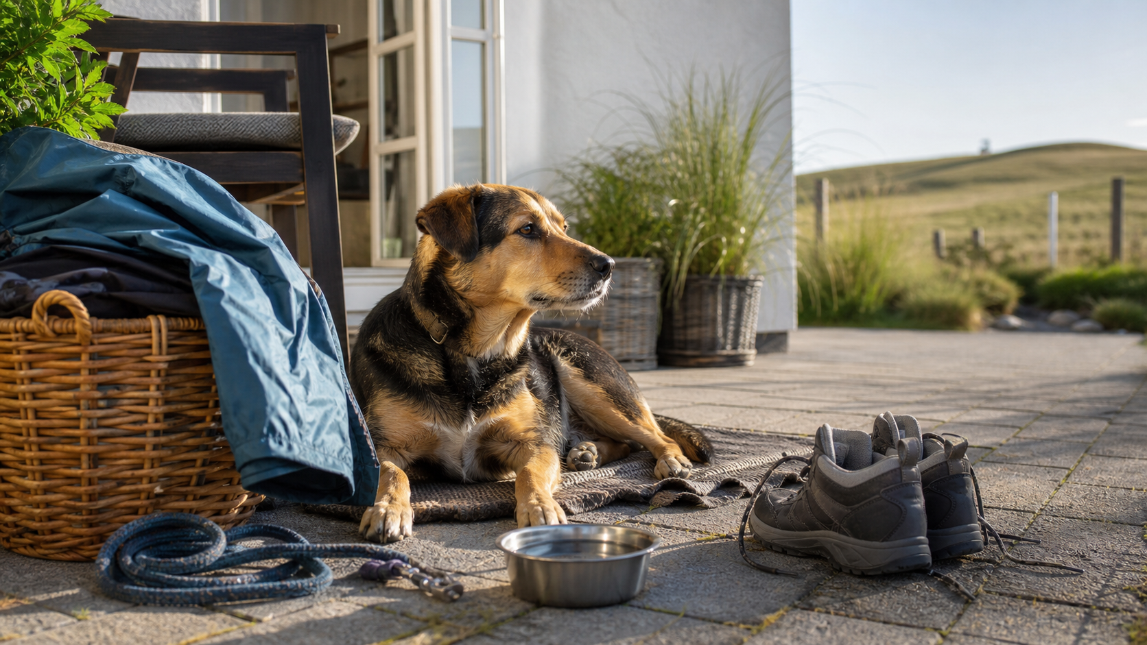 Hund vor einer hundefreundlichen Unterkunft in Dithmarschen mit Leine, Wanderschuhen und Wassernapf