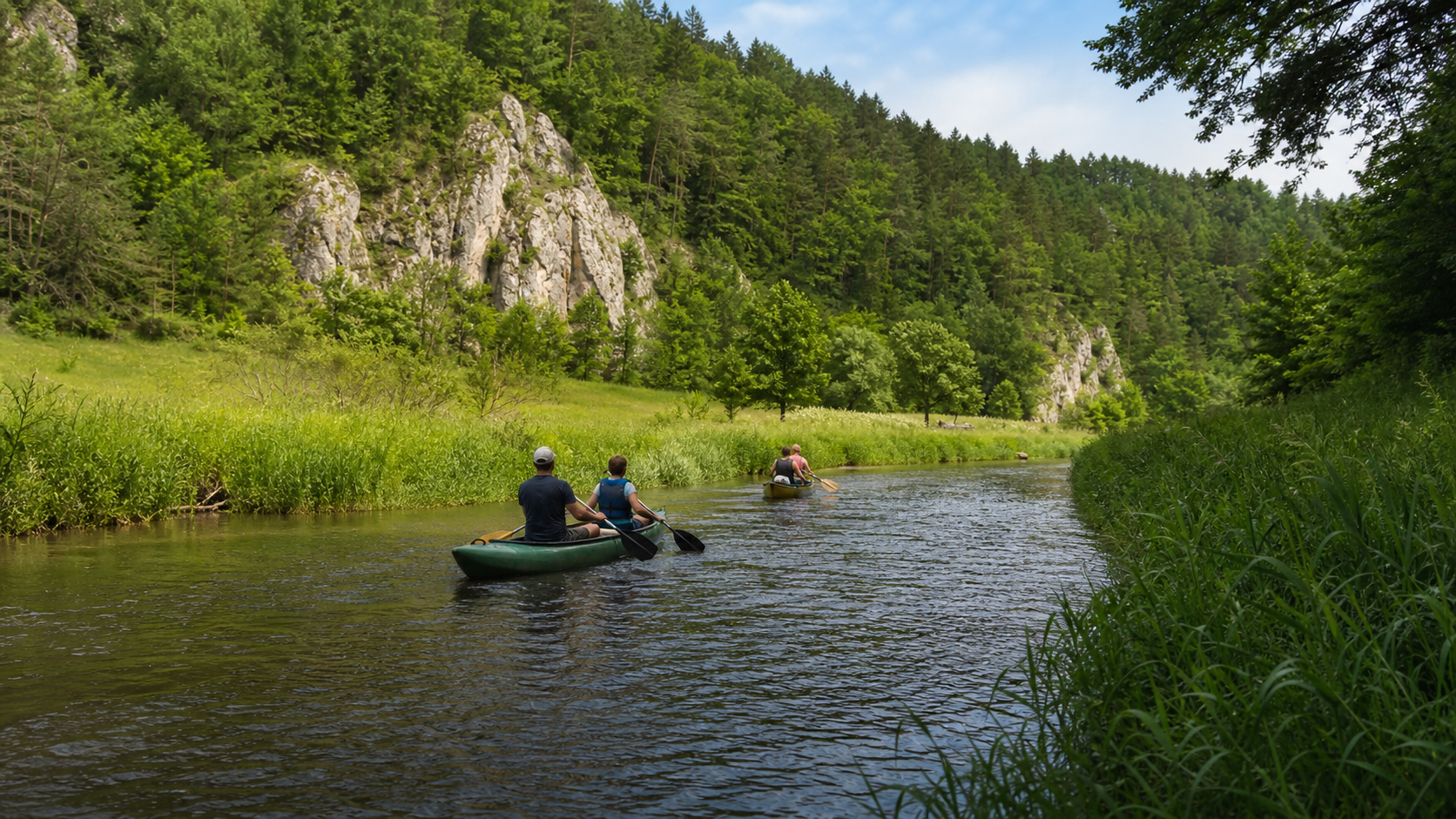 Kanufahrt auf der Wiesent in der Fränkischen Schweiz zwischen grünen Ufern und Kalkfelsen