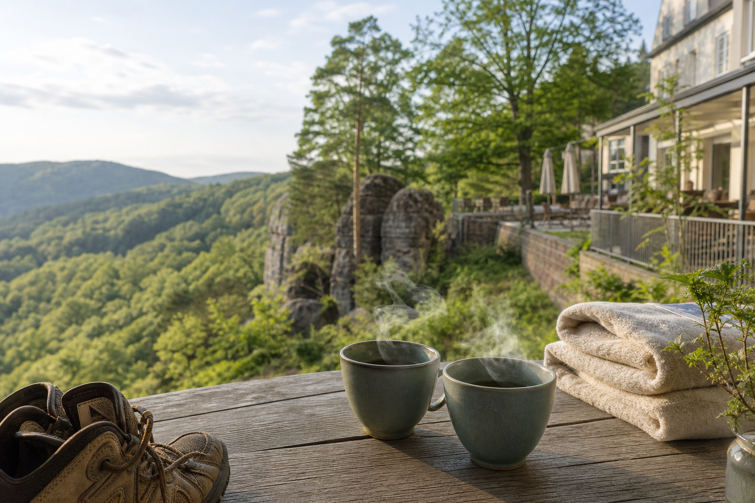 Tee, Handtücher und Wanderschuhe auf einer Terrasse im Teutoburger Wald