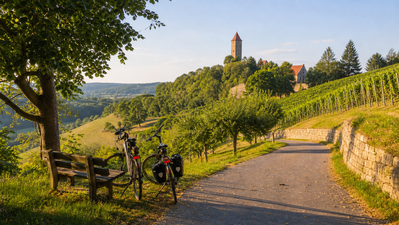 Radweg im Hohenloher Land mit Weinbergen, Bank und Burgblick