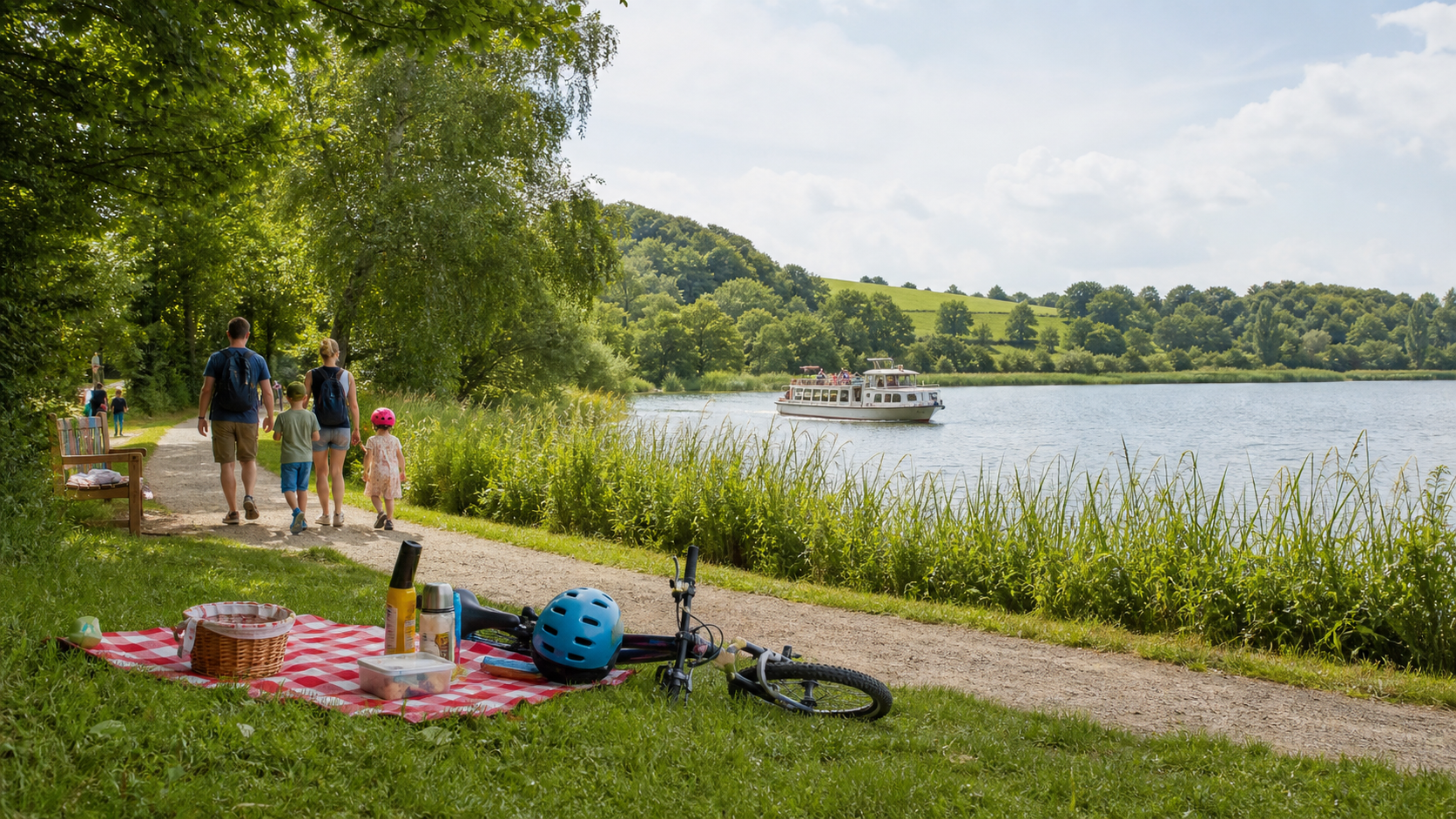 Familienfreundlicher Uferweg mit Picknick und Ausflugsboot in der Holsteinischen Schweiz