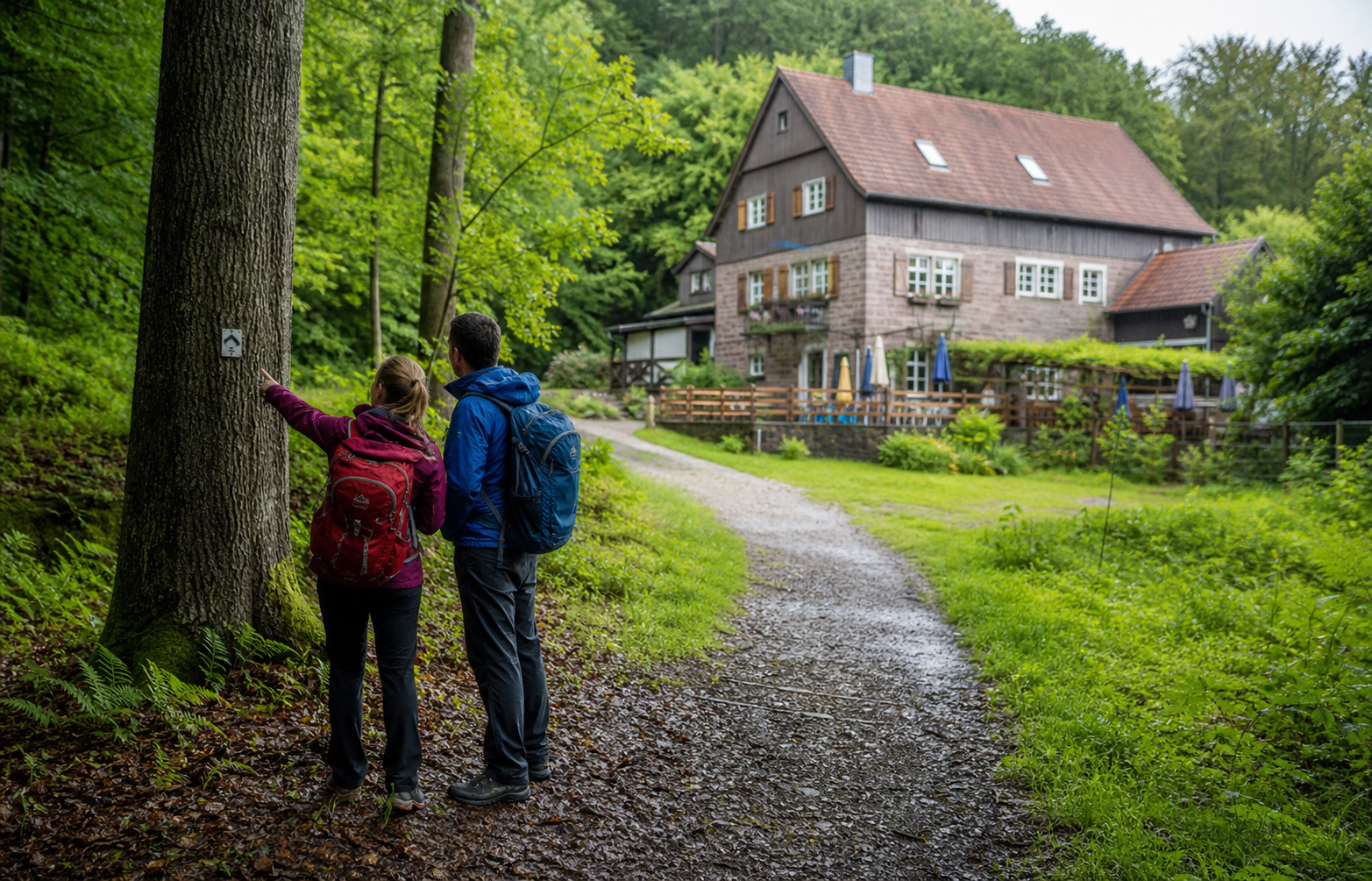 Waldweg und Unterkunft im Spessart für einen Kurzurlaub