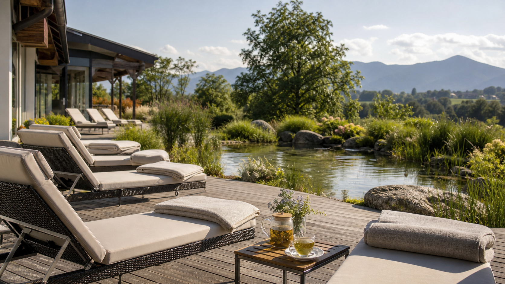 Ruhige Wellness-Terrasse im Chiemgau mit Liegen und Voralpenstimmung