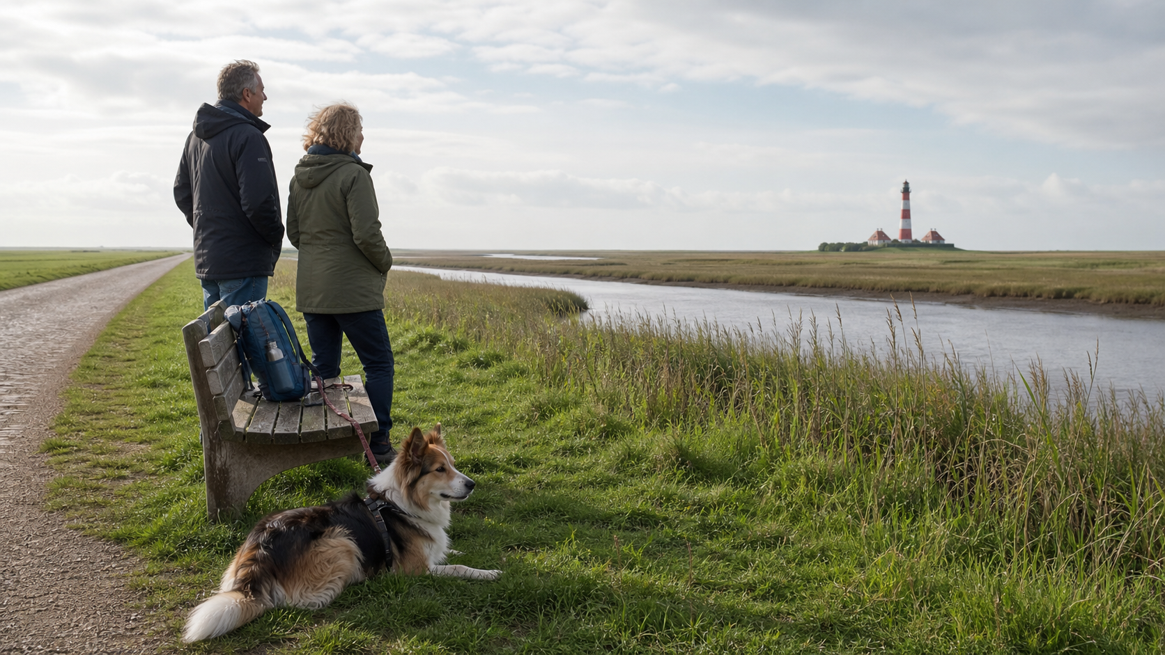 Pause mit Hund in der ostfriesischen Marschlandschaft nahe Pilsum