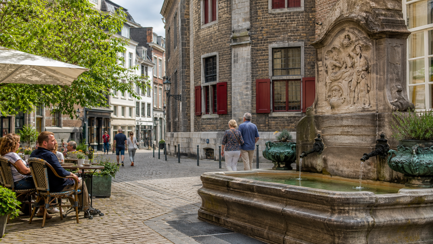 Ruhige Altstadtgasse in Aachen mit Brunnen und Caféterrasse