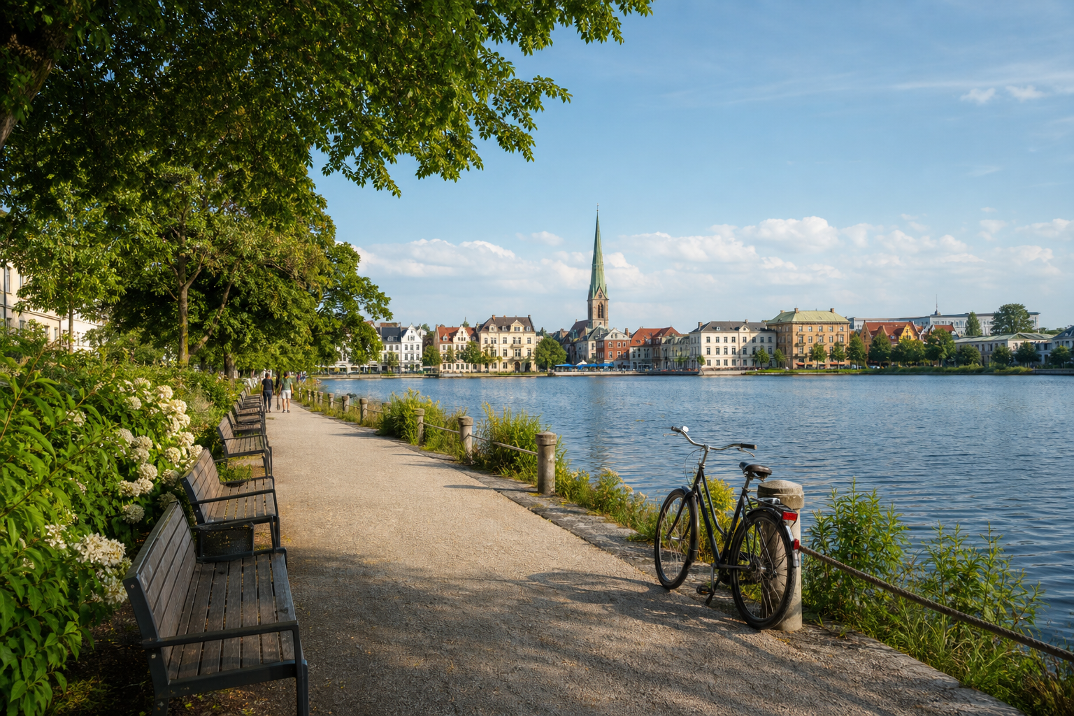 Uferpromenade in Schwerin mit Fahrrad, Bänken, Wasser und Blick auf die Stadt