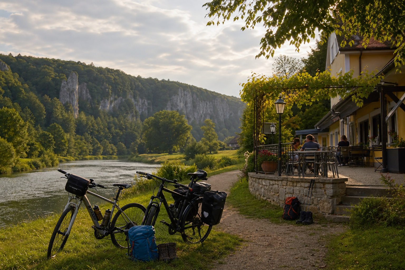 Fahrräder an einer Unterkunft im Altmühltal mit Fluss und Felsen im Hintergrund
