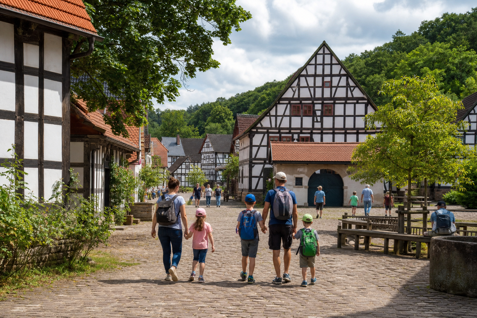 Familienfreundlicher Rundgang zwischen Fachwerkhäusern im Hessenpark im Taunus