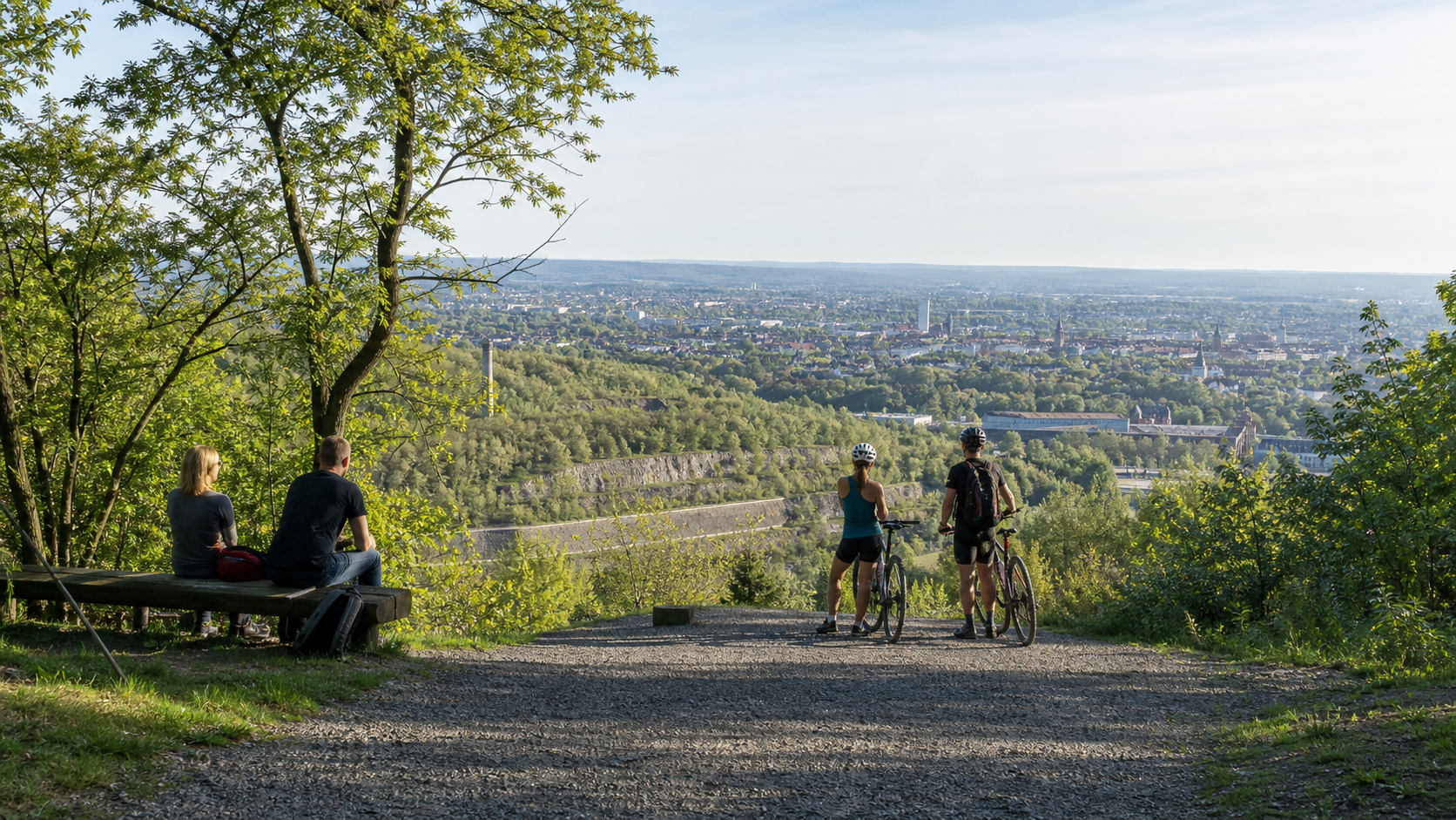 Aussicht am Piesberg bei Osnabrück mit Radfahrern und Blick über die Stadt