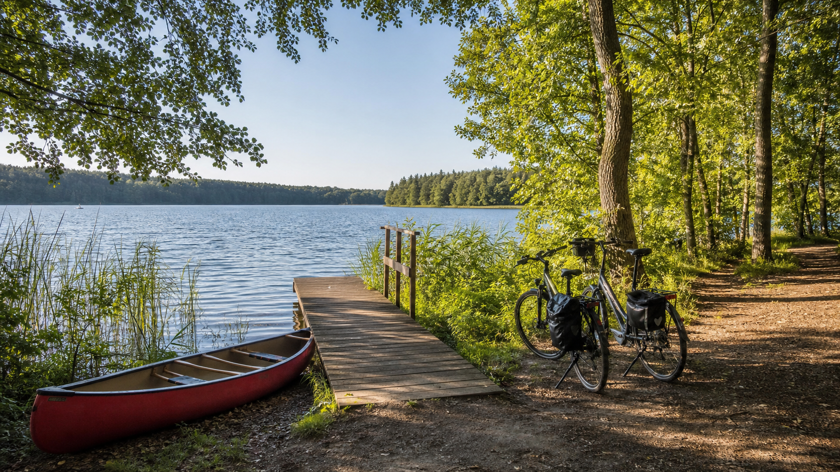 Bootssteg, Kanu und Fahrräder am See im Dahme-Seenland