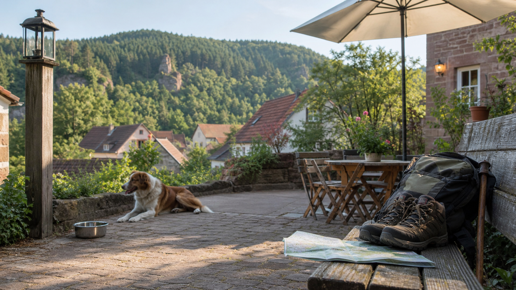 Hundepause auf einer Terrasse im Pfälzerwald mit Wanderschuhen und Karte