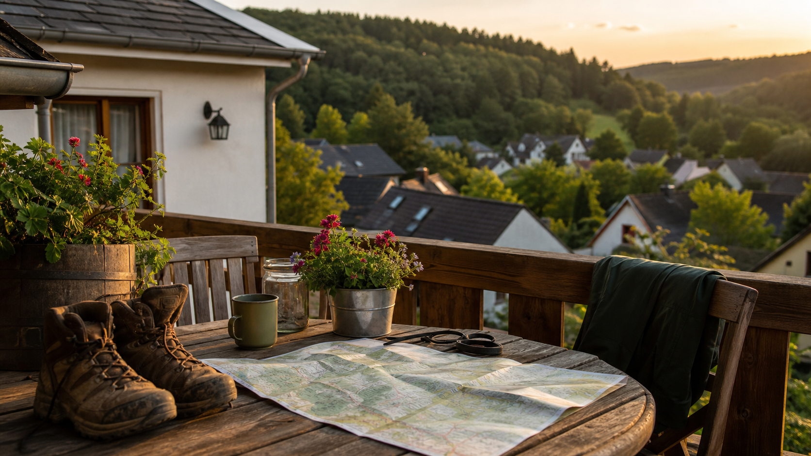 Wanderkarte und Wanderschuhe auf einer Terrasse im Hunsrück nach einem Ausflug zur Geierlay