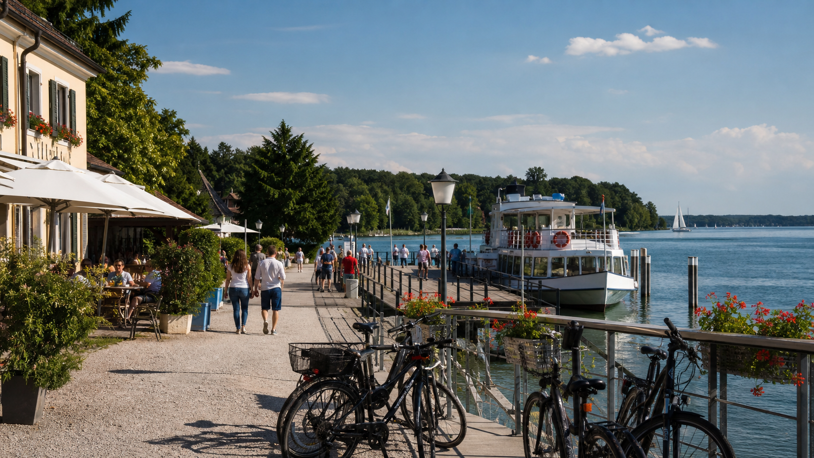 Promenade mit Fahrrädern und Schiff am Ammersee im Fünfseenland