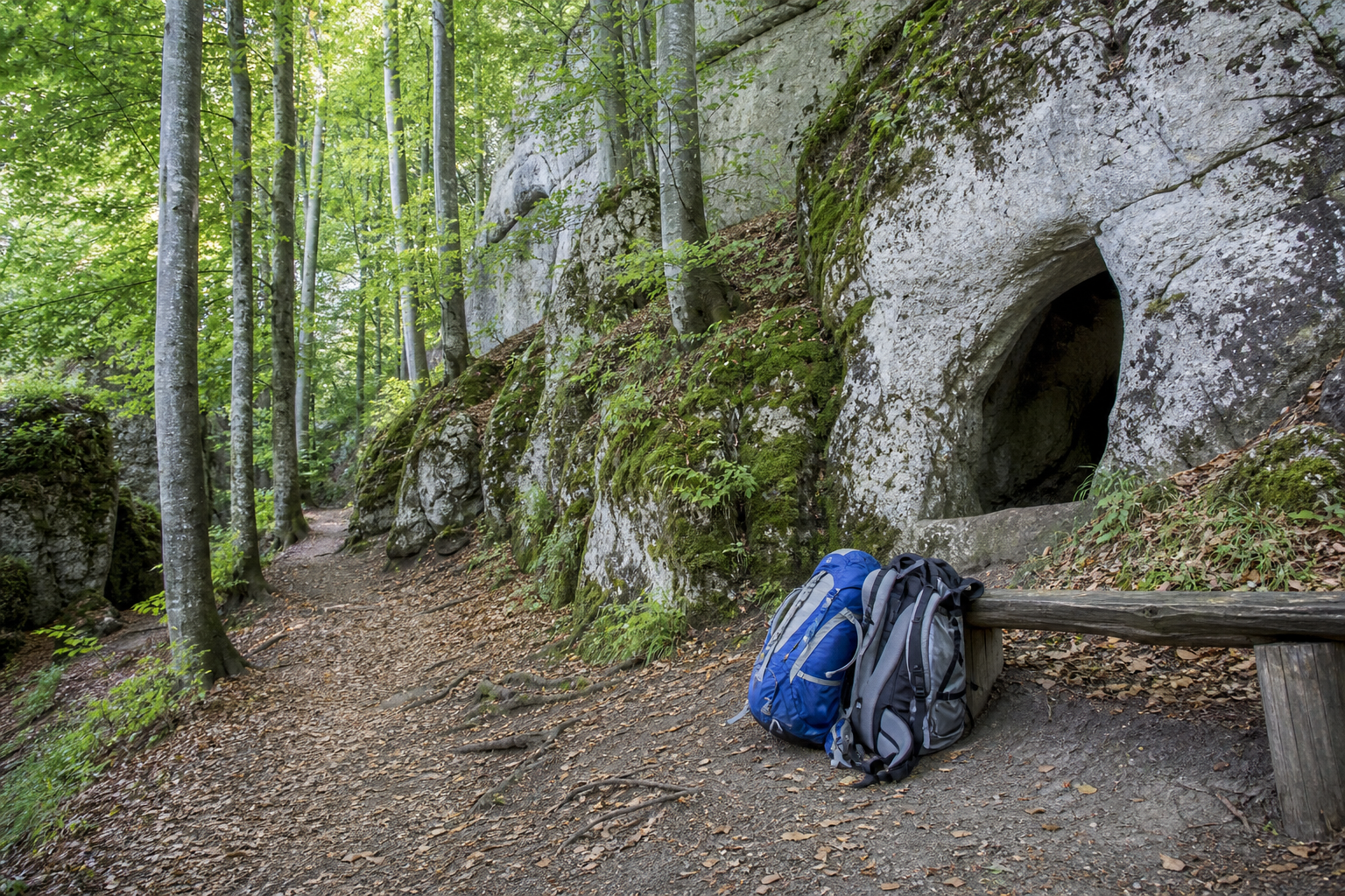 Waldweg mit Kalkfelsen und Höhleneingang in der Fränkischen Schweiz
