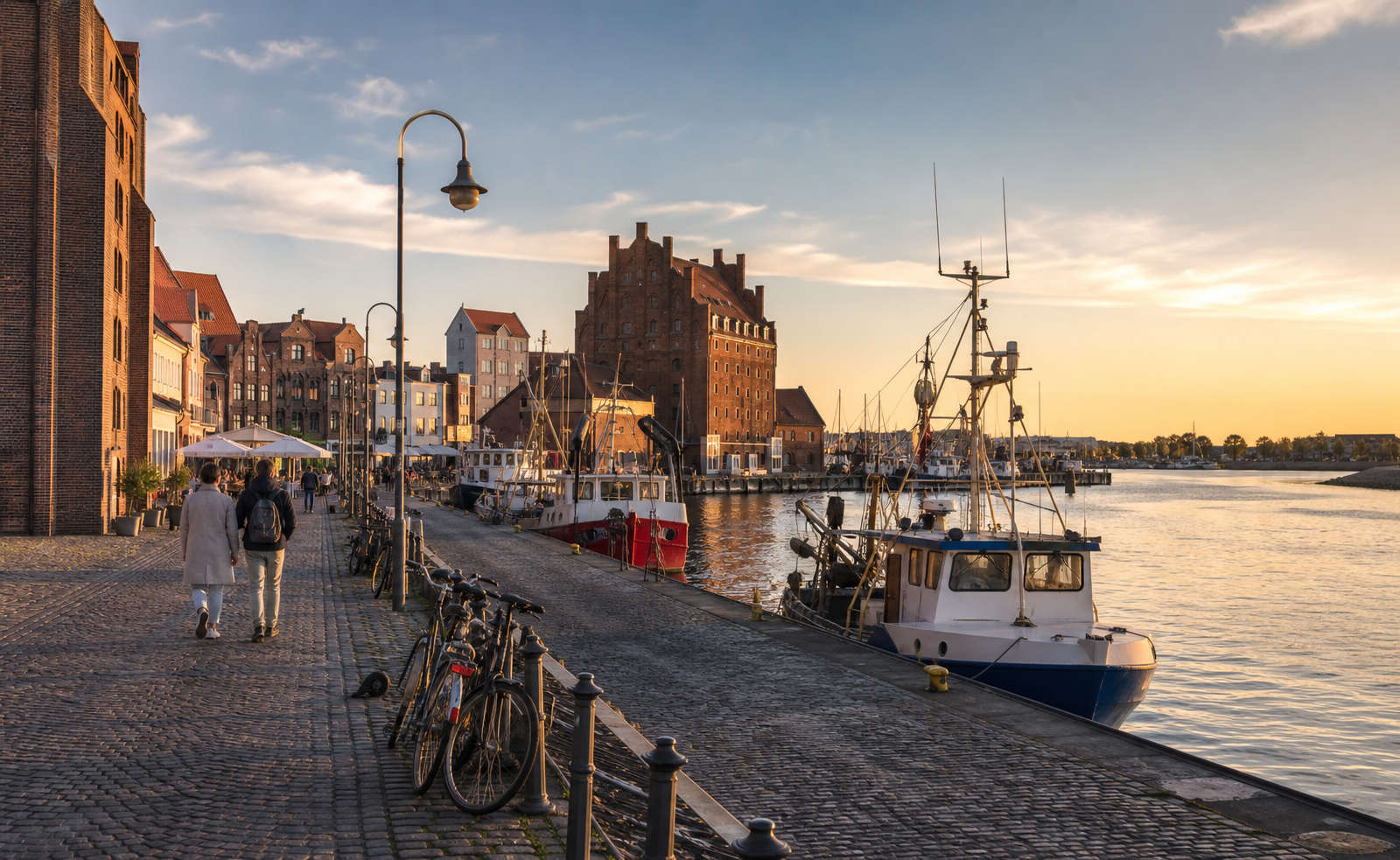 Alter Hafen in Wismar mit Booten, Speicherhäusern und Abendlicht