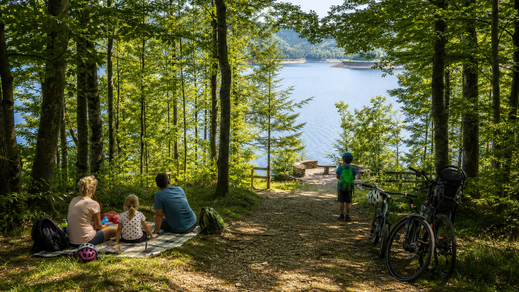 Familienpause auf einem Waldweg mit Blick auf den Möhnesee