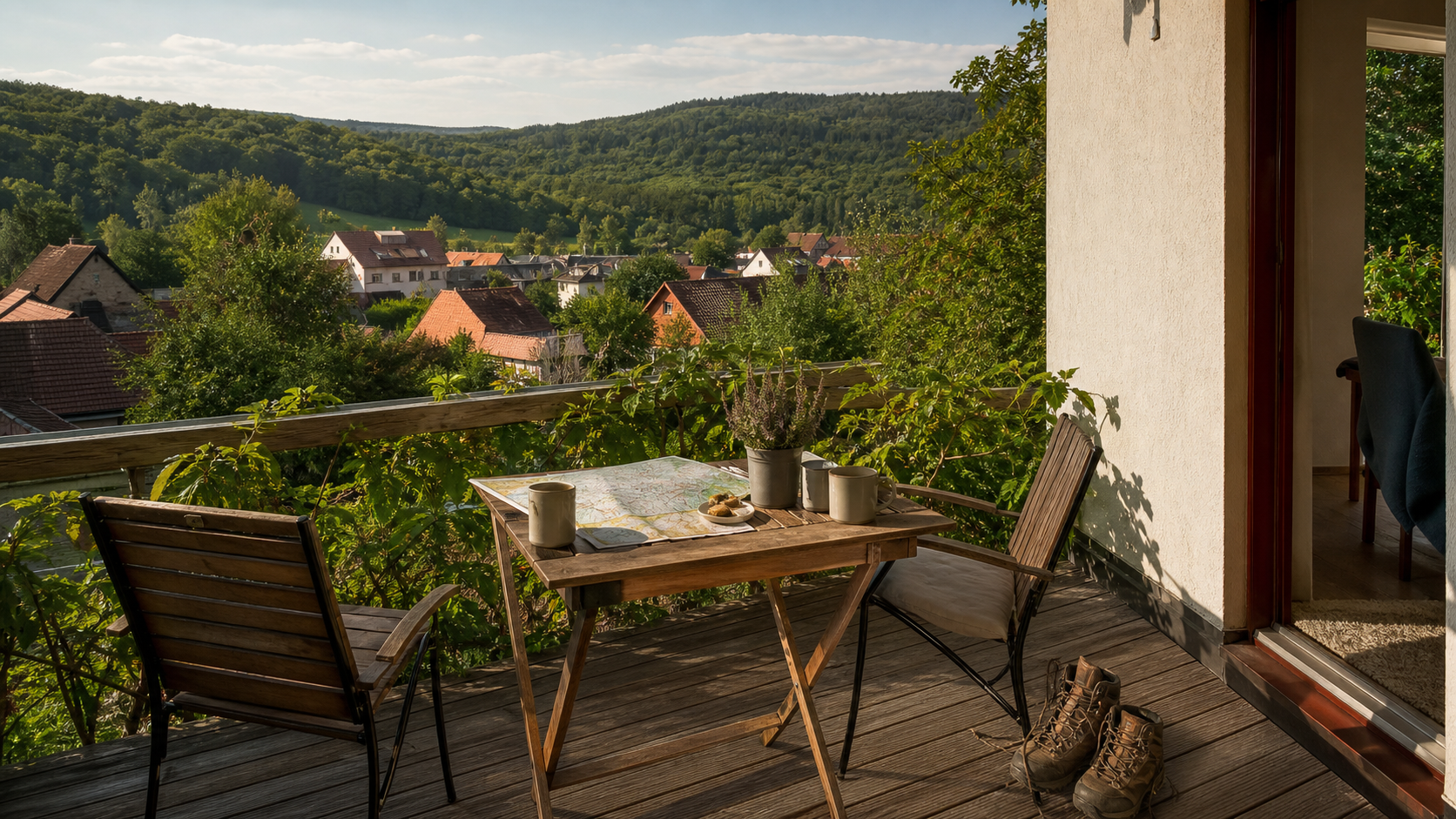 Ferienwohnungsterrasse am Rand eines fränkischen Dorfes im Steigerwald mit Wanderkarte und Blick ins Grüne