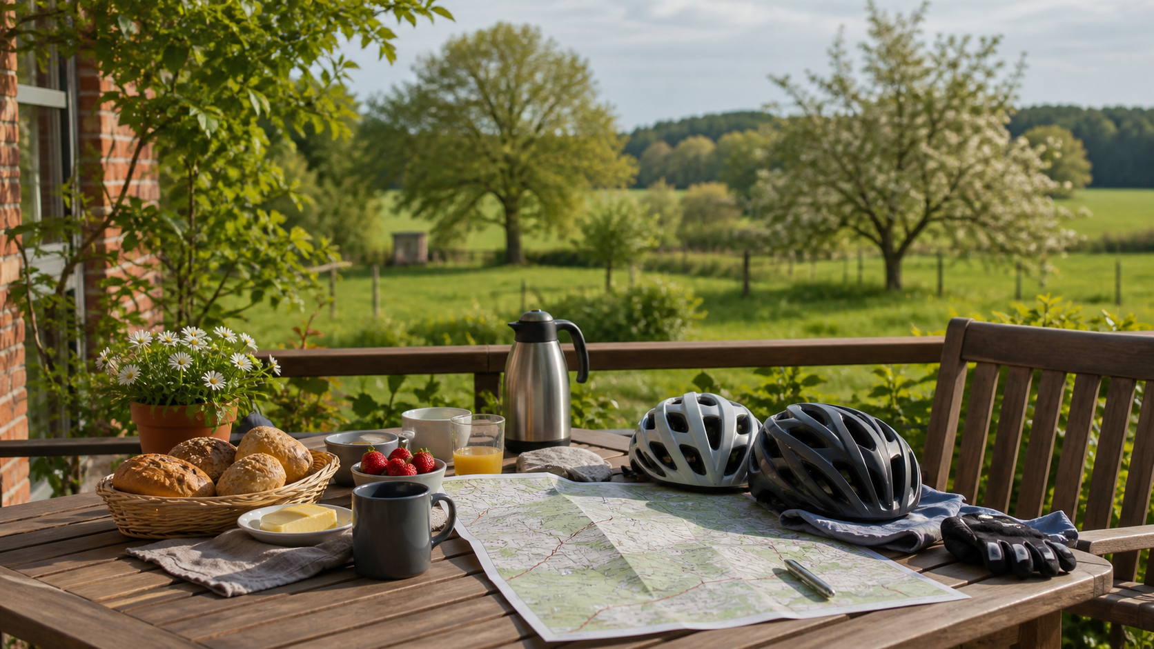Frühstückstisch mit Radkarte auf einer Terrasse im Wendland