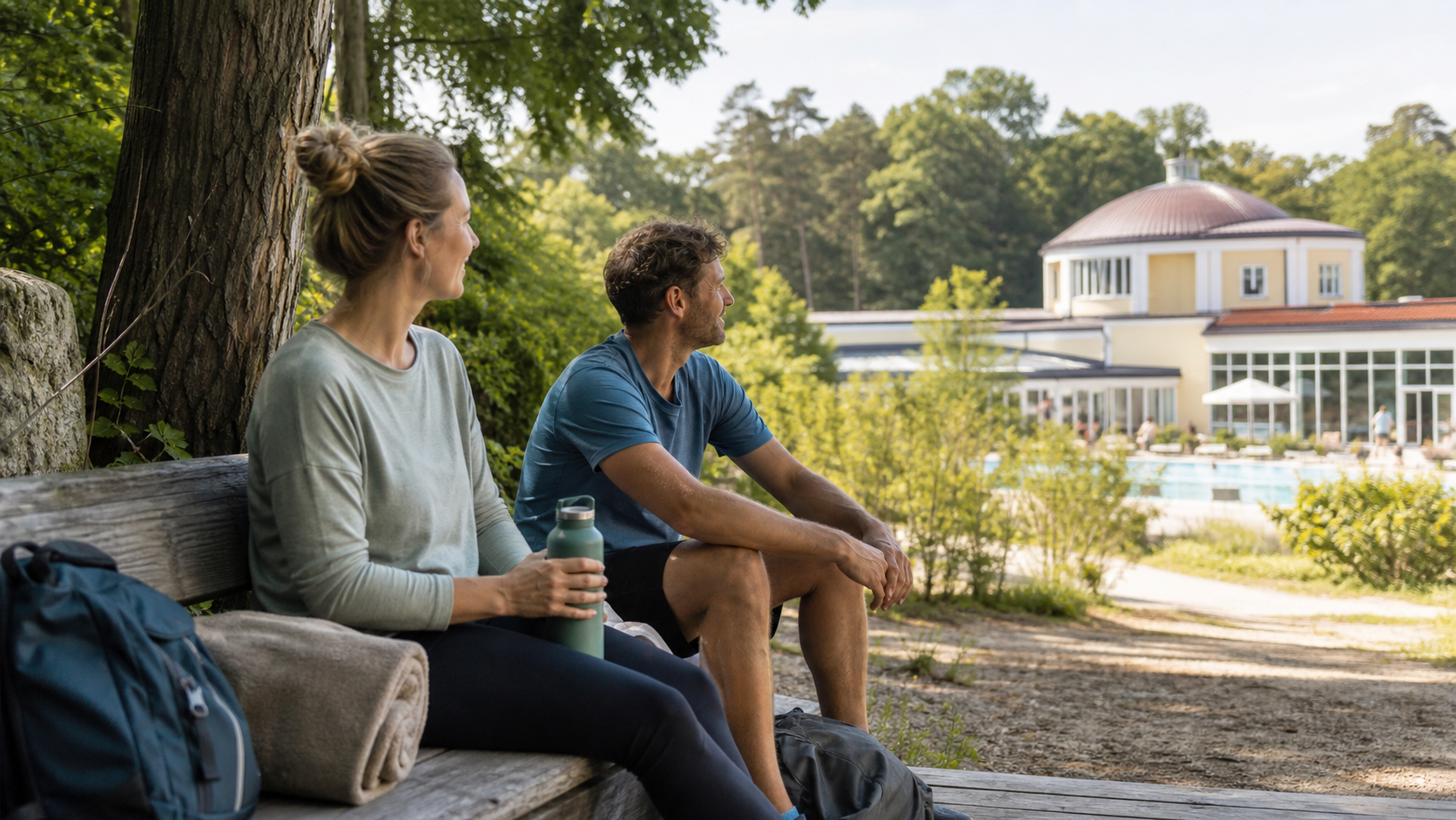 Ruhige Wellnesspause im Fläming mit Spa-Garten, Bank und Reisetaschen nach einem Spaziergang