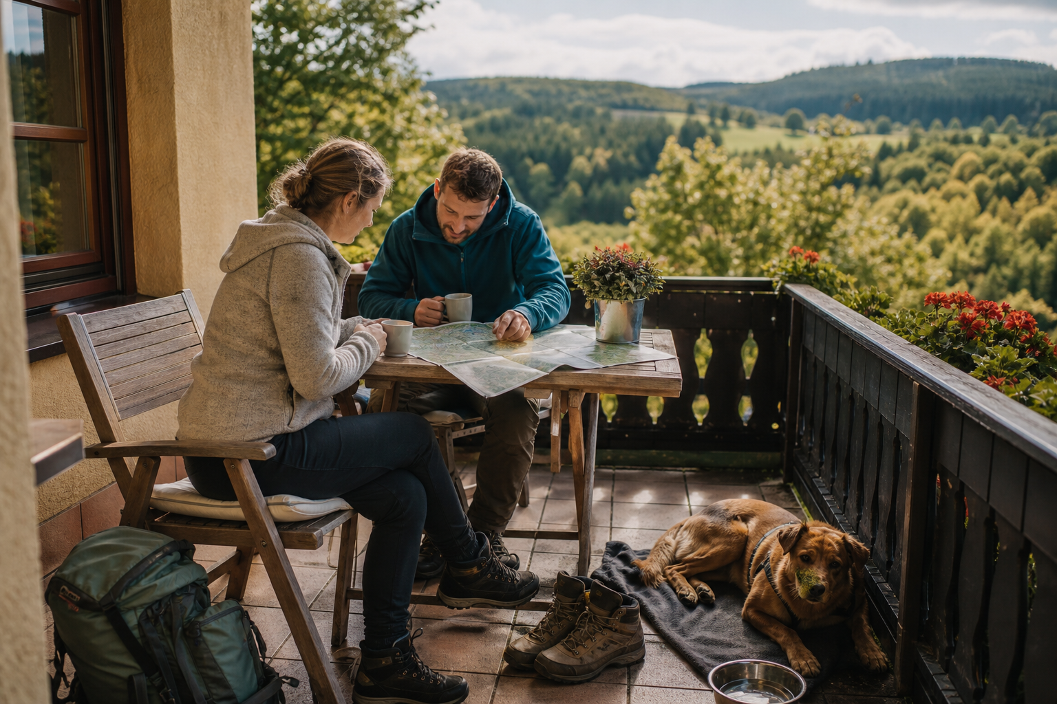 Hundefreundliche Unterkunft im Vogtland mit Wanderkarte, Terrasse und Hund