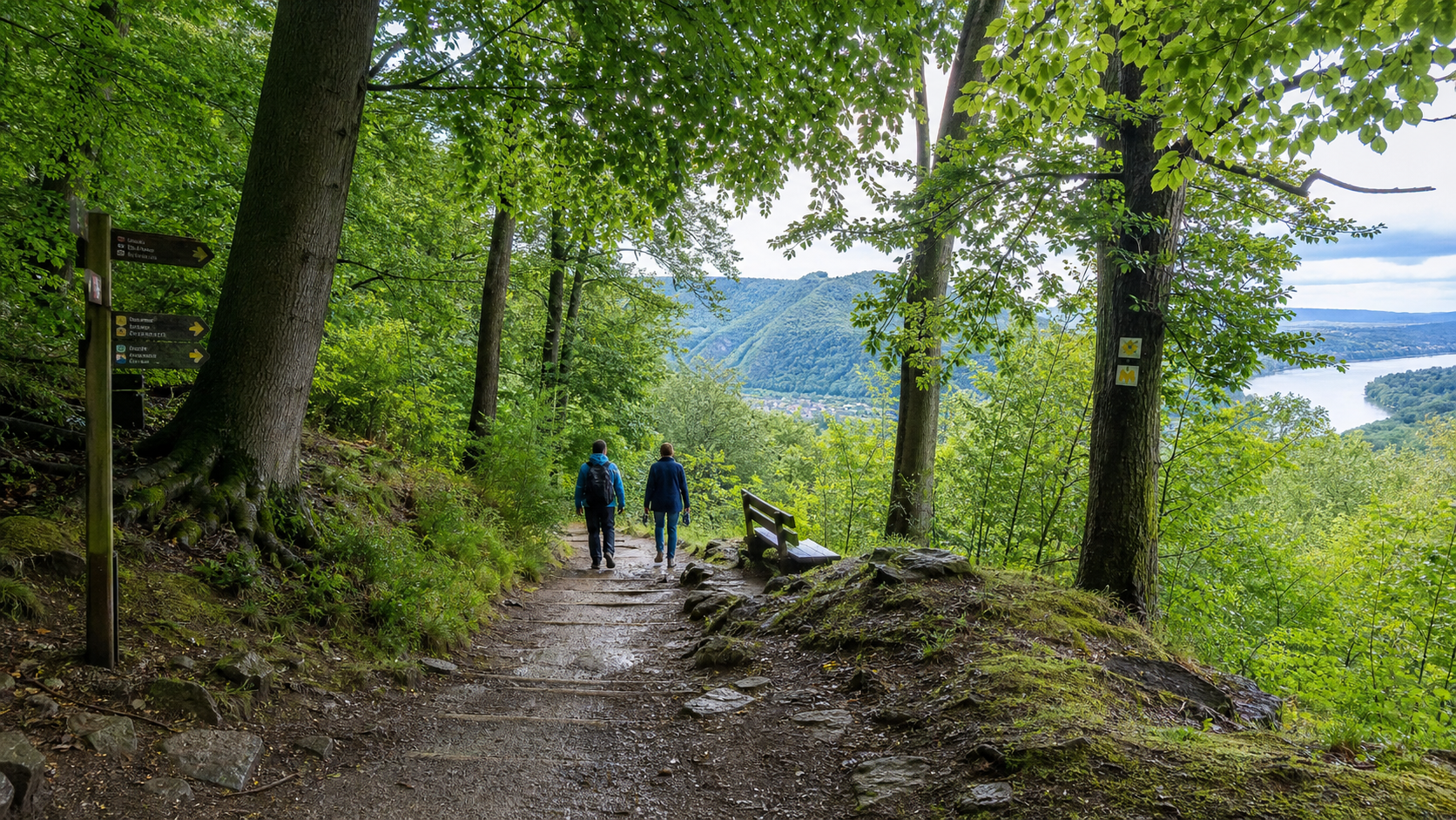 Wanderweg im Siebengebirge mit Blick durch den Wald ins Rheintal