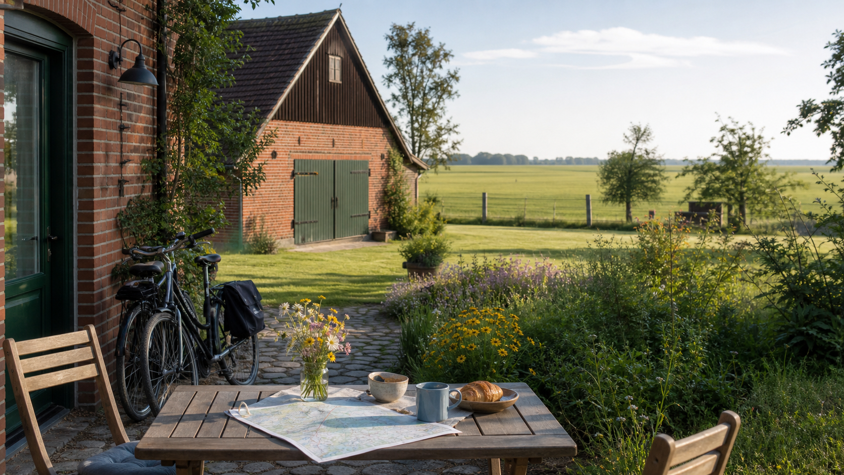 Ferienwohnung im Oderbruch mit Backsteinhof, Fahrrädern, Frühstückstisch und weitem Blick über Felder