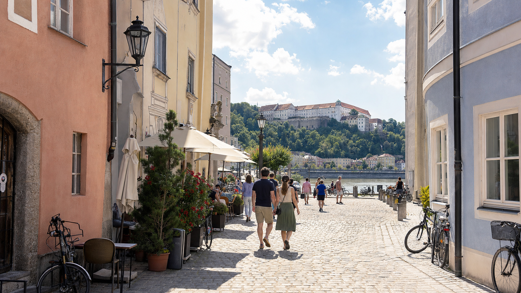 Altstadtgasse in Passau mit Cafés, Fahrrädern und Blick Richtung Flusspromenade