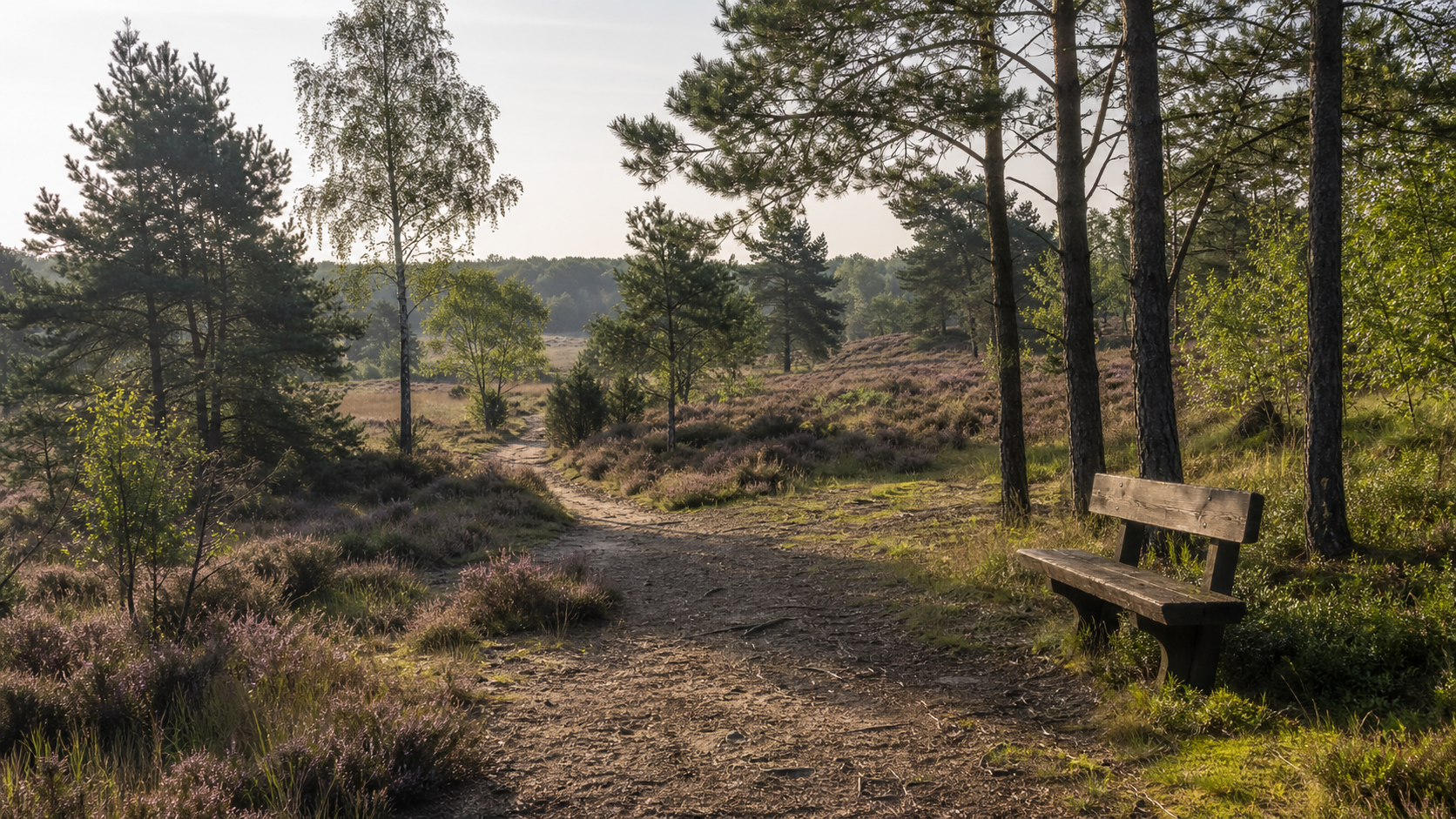 Ruhiger Wanderweg in der Südheide bei Celle mit Bank und Heidekraut
