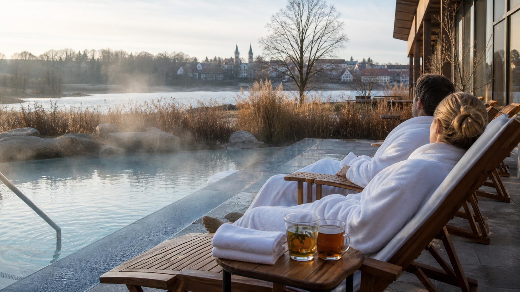 Wellnessgäste entspannen auf Liegen an einem warmen Außenbecken mit Blick auf See und Altstadt