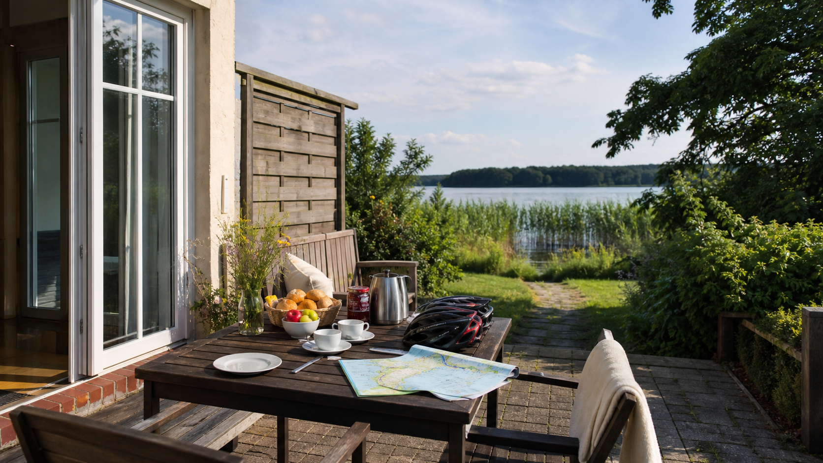 Ferienwohnungsterrasse am Schaalsee mit Frühstück, Radkarte und Blick zum Wasser