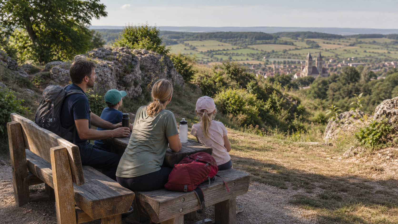 Familie macht Pause an einem Aussichtspunkt im Nördlinger Ries mit weitem Blick über Wiesen und Dörfer