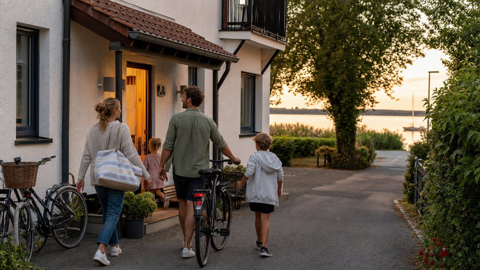 Ferienwohnung und Fahrräder am Steinhuder Meer in warmer Abendstimmung