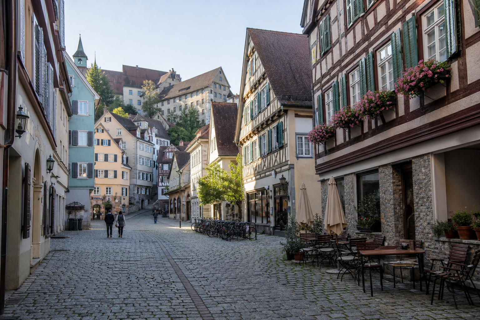 Ruhige Altstadtgasse in Tübingen mit Fachwerkhäusern und Caféterrasse