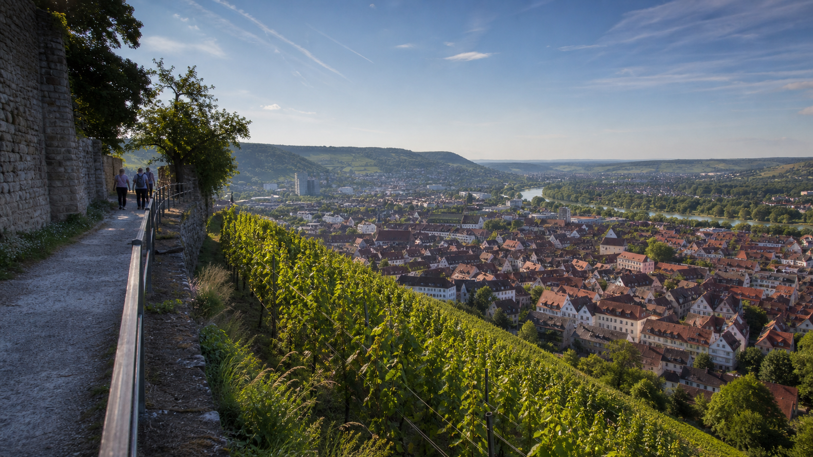 Blick von den Weinbergen oberhalb von Esslingen am Neckar auf Altstadt und Neckartal