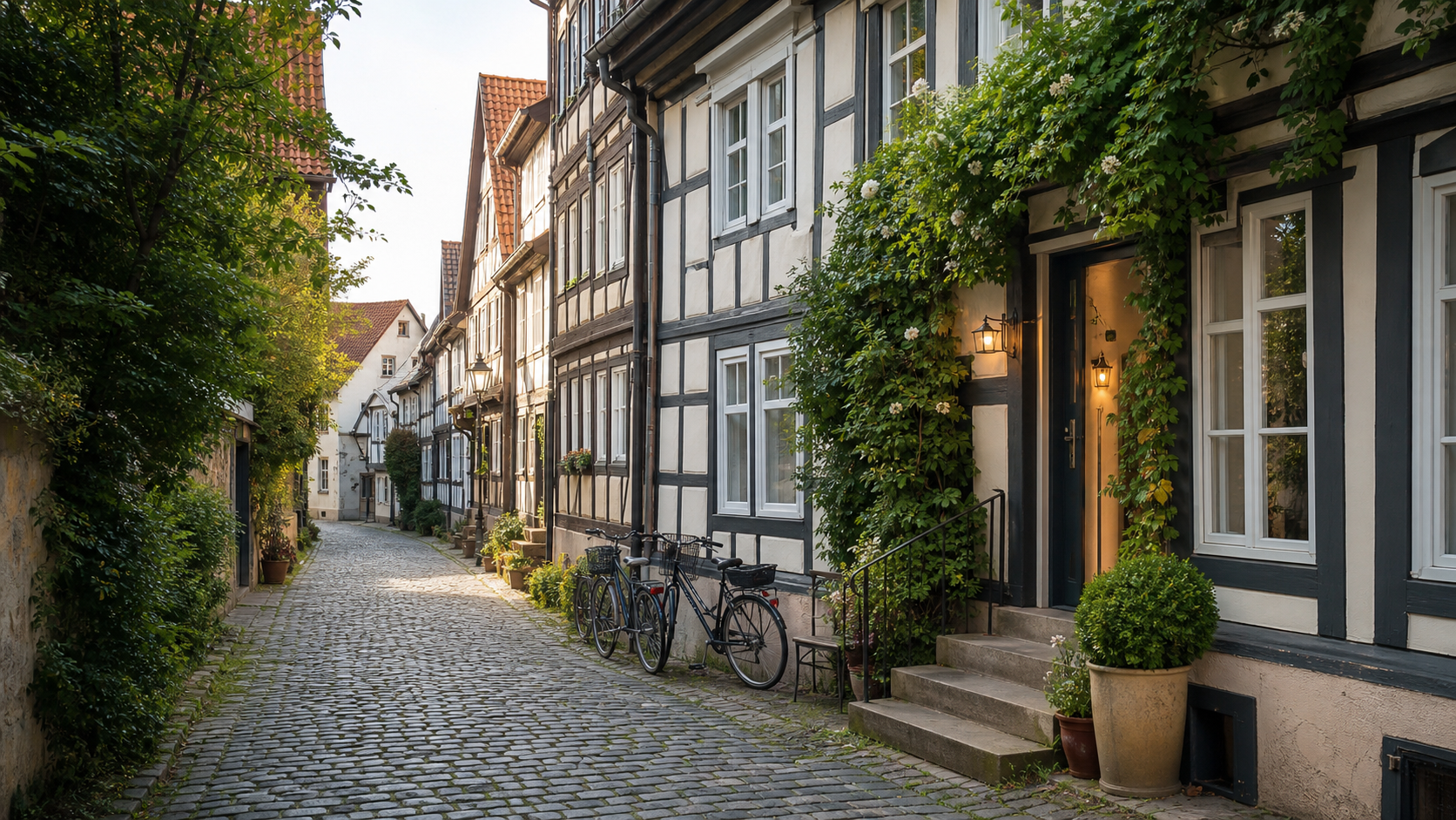 Ruhige Fachwerkgasse in Hildesheim als Orientierung für Unterkunft und Stadtspaziergang