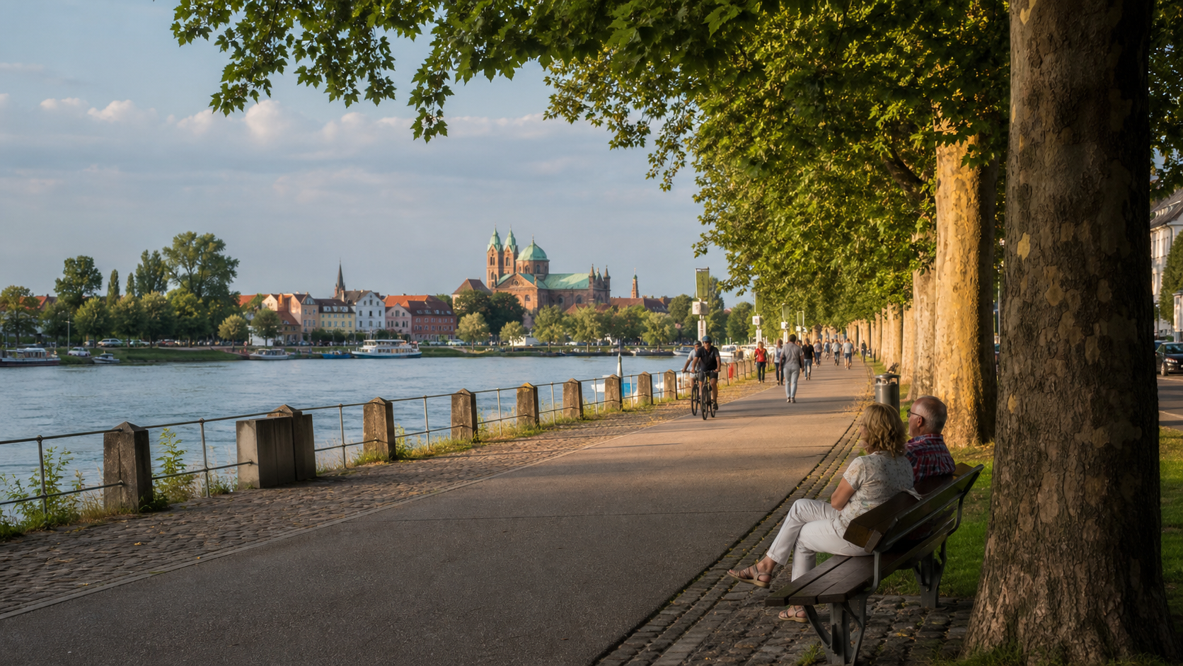 Rheinpromenade in Speyer mit Blick Richtung Dom und Spazierweg