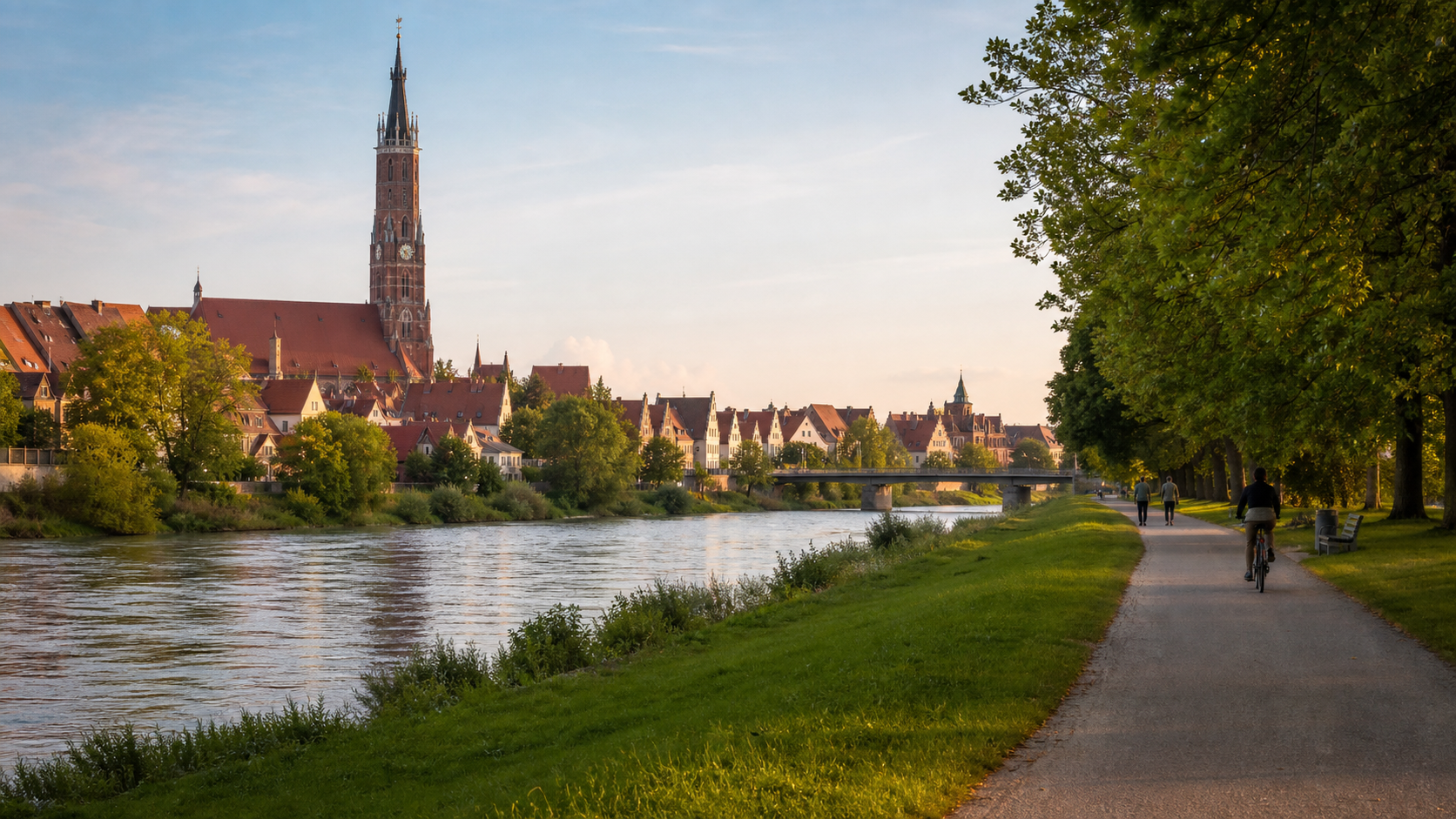 Isarweg in Landshut mit Blick auf Altstadt und Martinskirche