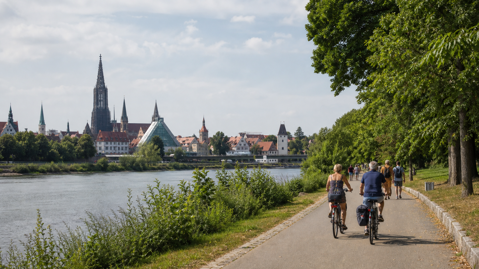 Radfahrer und Spaziergänger am Donauufer mit Blick auf Ulm