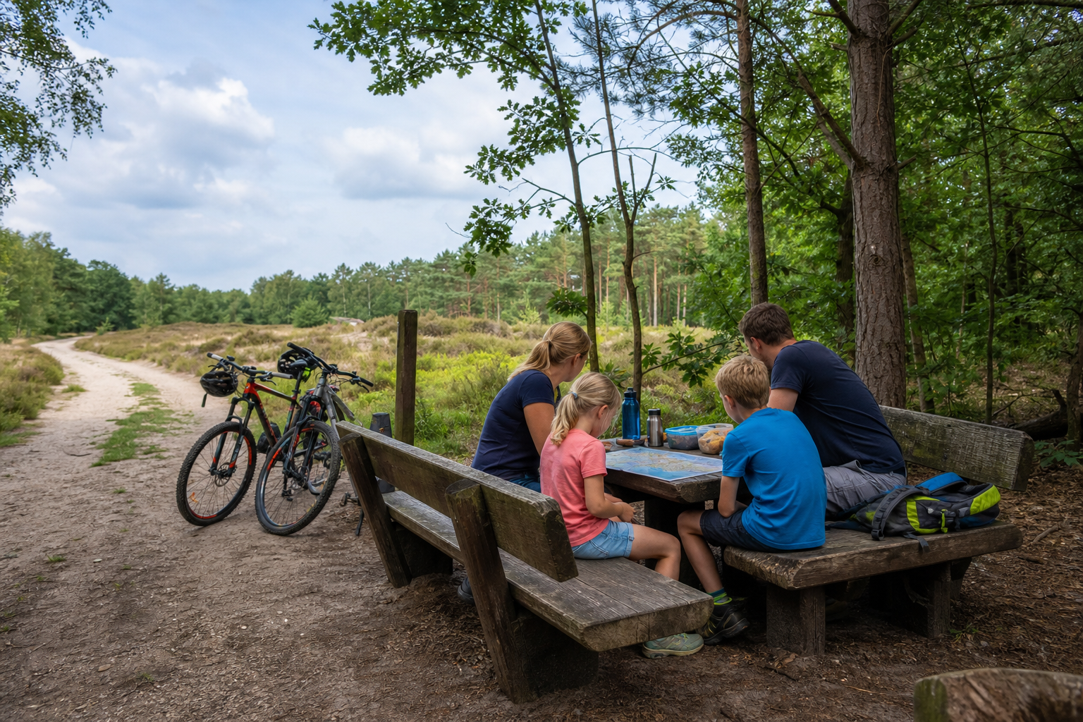 Familie macht Pause auf einer Waldroute in der Hohen Mark