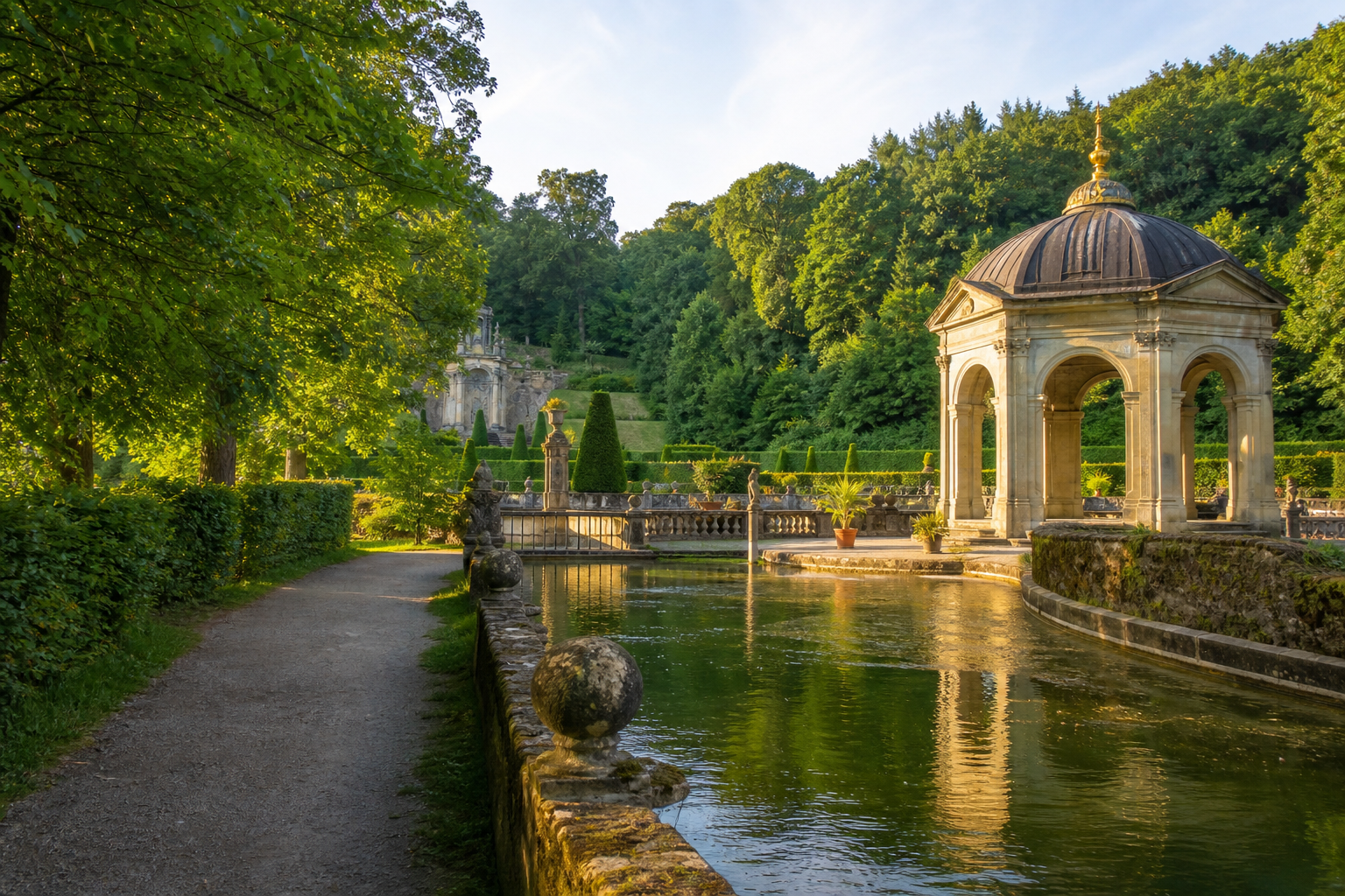 Eremitage in Bayreuth mit Garten, Wasserbecken und historischem Pavillon