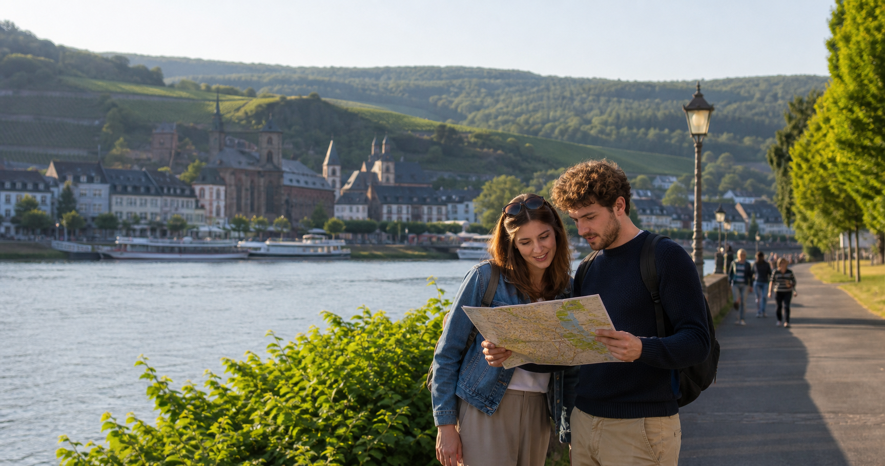 Ruhiger Spaziergang an der Mosel bei Trier mit Blick auf Stadt und Weinberge