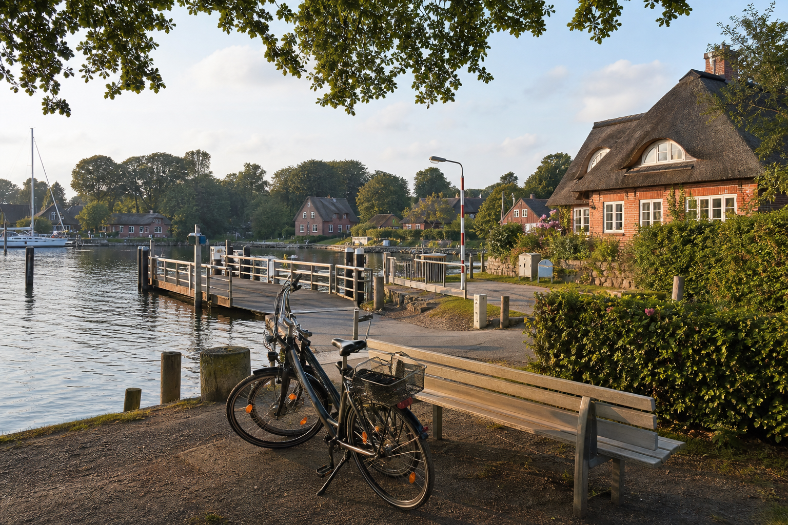 Ruhiger Schlei-Uferweg mit Fahrrädern und Reetdachhaus