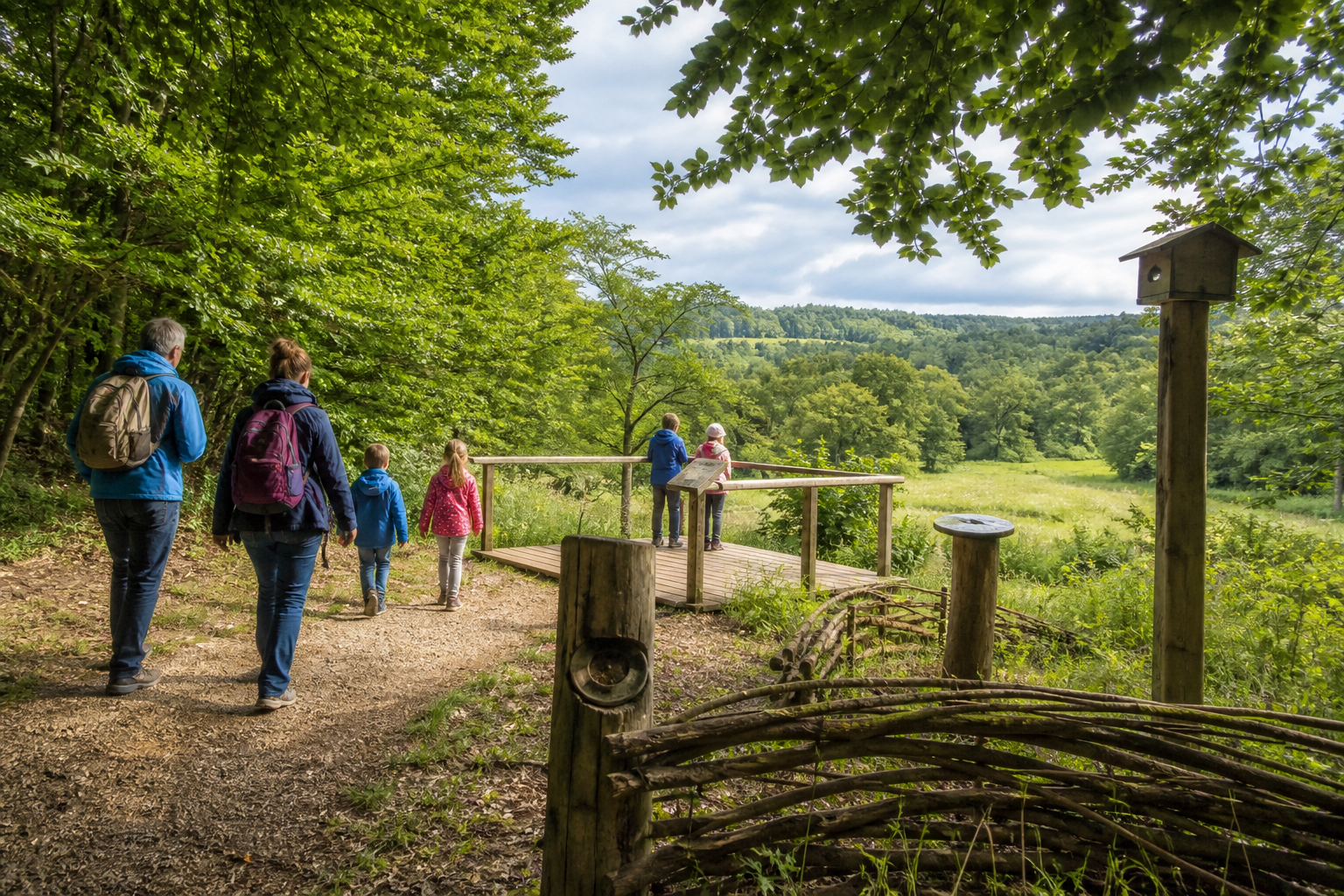 Familie auf einem leichten Naturpfad am Rand des Hainich mit Wald und Aussicht