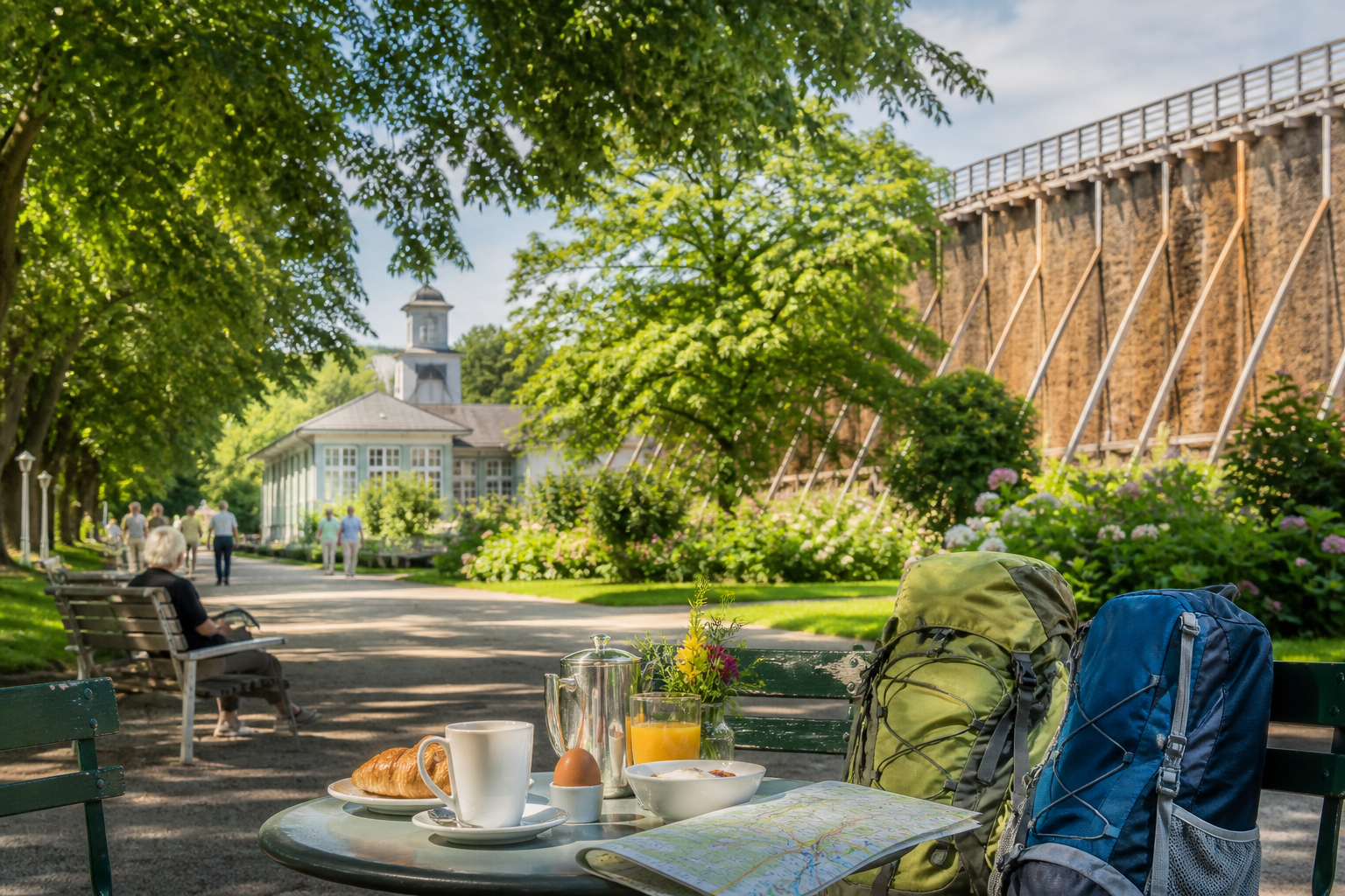 Kaffeepause mit Rucksäcken und Karte im grünen Kurpark von Bad Salzuflen
