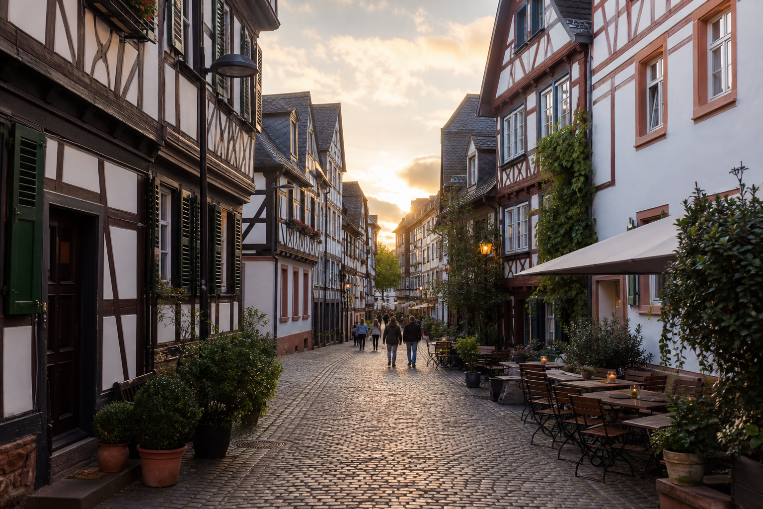 Altstadtgasse in Mainz mit Fachwerkhäusern und Abendlicht