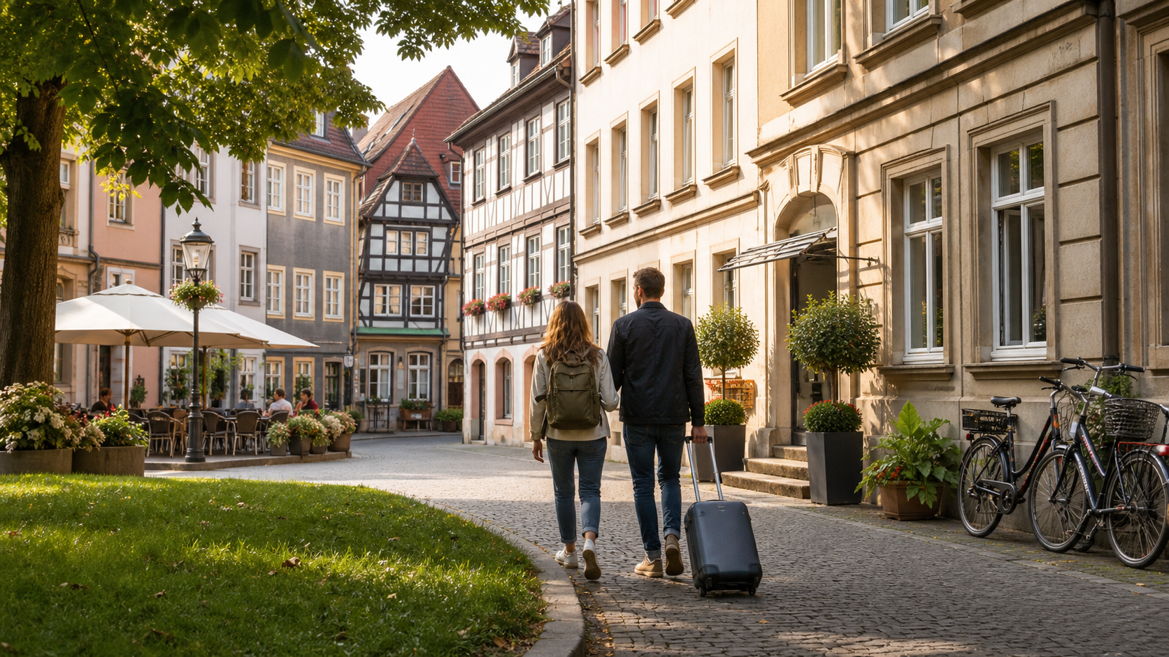 Ruhige Altstadtgasse in Gotha mit Café, Fahrrädern und Ankunftsszene für ein Wochenende