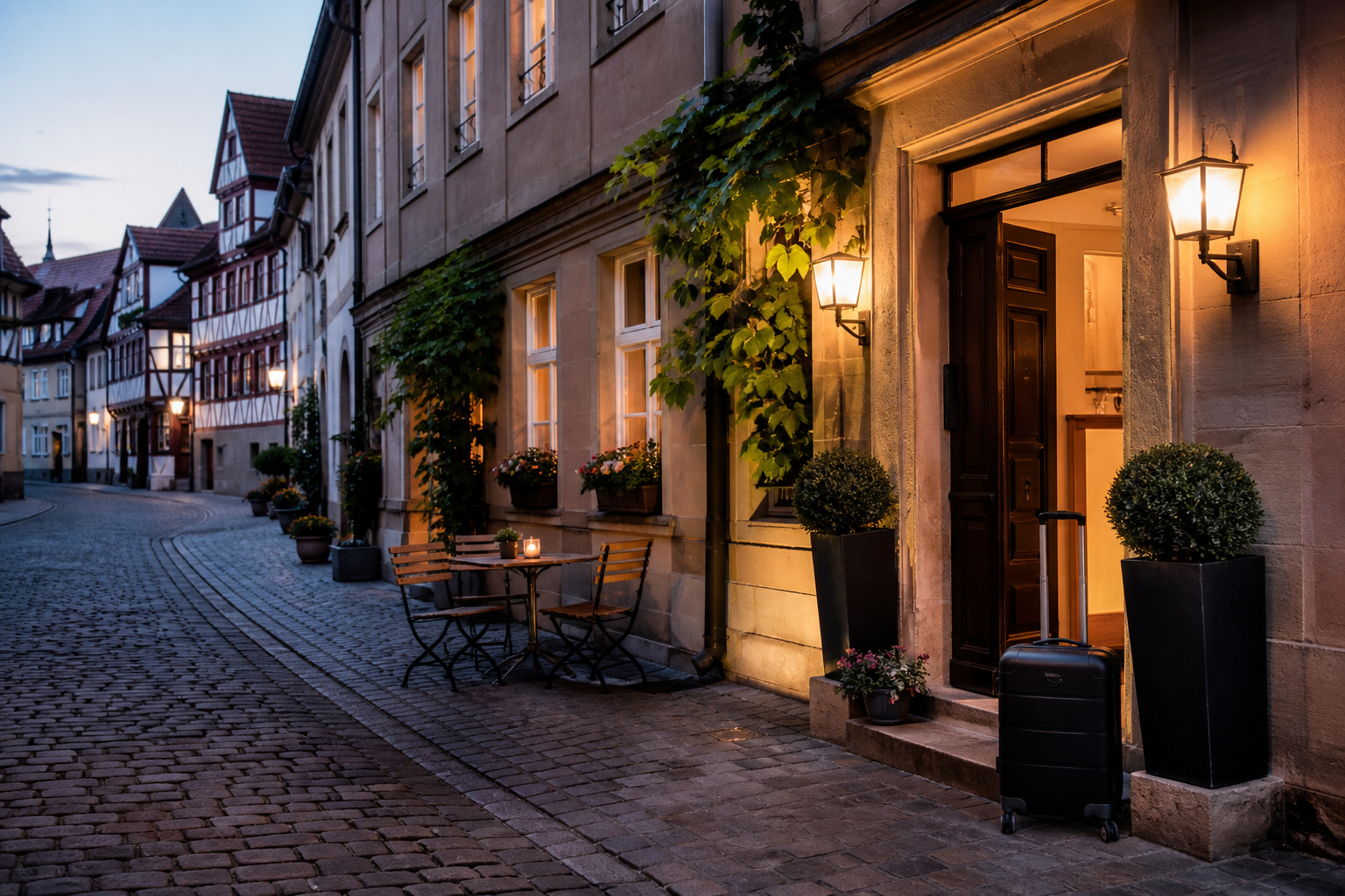 Ruhige Altstadtgasse in Bamberg mit Hoteleingang und Abendlicht
