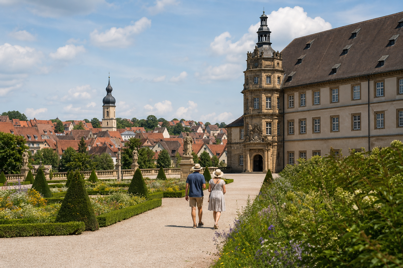 Schlossgarten und historischer Ortskern im Taubertal bei Weikersheim