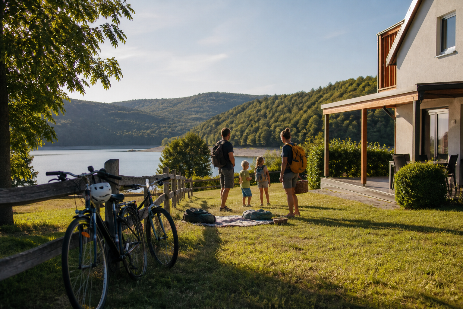 Familie vor einer Ferienunterkunft am Edersee mit Fahrrädern und Blick auf den Kellerwald